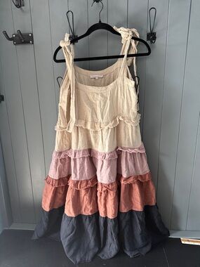 Women’s Tiered Tie-Shoulder Dress in Cream, Pink, Rust and Black